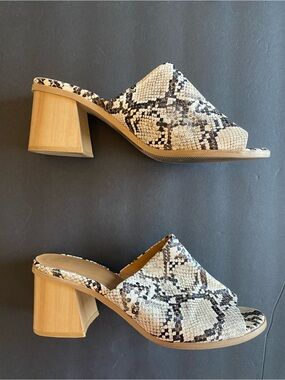 A New Approach Faux Snakeskin Reptile Block Heel Slide Wedge Open Toe Black Tan